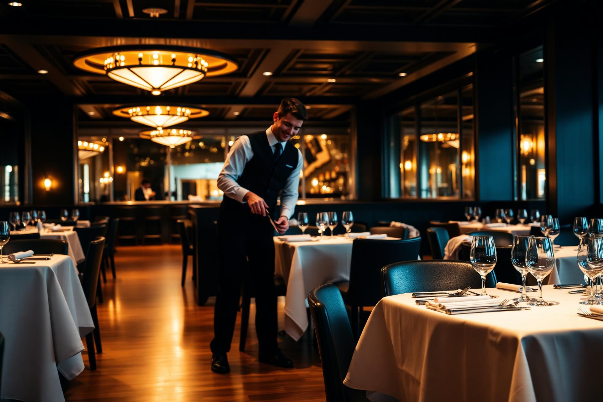 Cleaner inspecting a spotless upscale restaurant